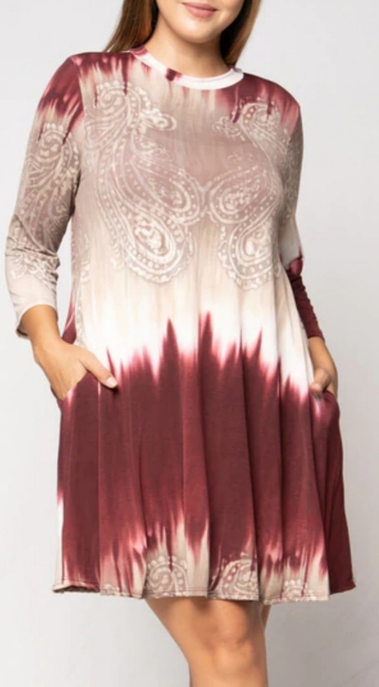 Plus size wine beige tie dye dress with pockets - Picture 4 of 5